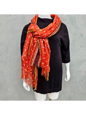 Vintage 70s Rust Orange Polka Dot Sheer Scarf Wrap Stripe Fringe Cotton 38x76